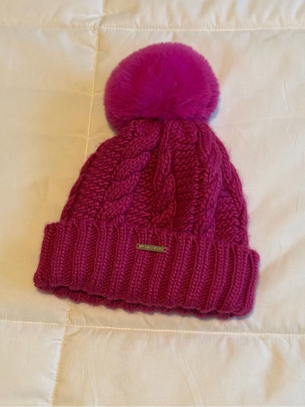 Michael Kors Girls Bright Fuchsia Cable Knit Pom Beanie